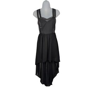 S Black Hi Low Dress Sleeveless Strappy Faux Leather Panel Bodice Halloween
